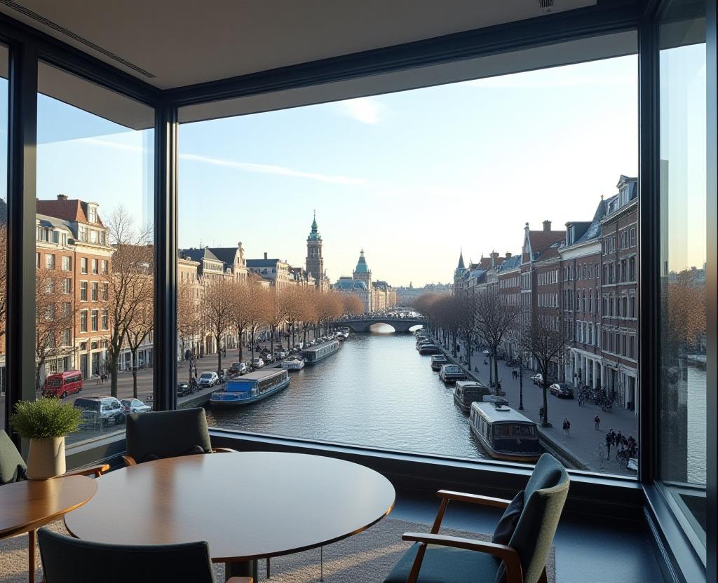 Panoramisch uitzicht over de Herengracht in Amsterdam vanuit een modern kantoor.